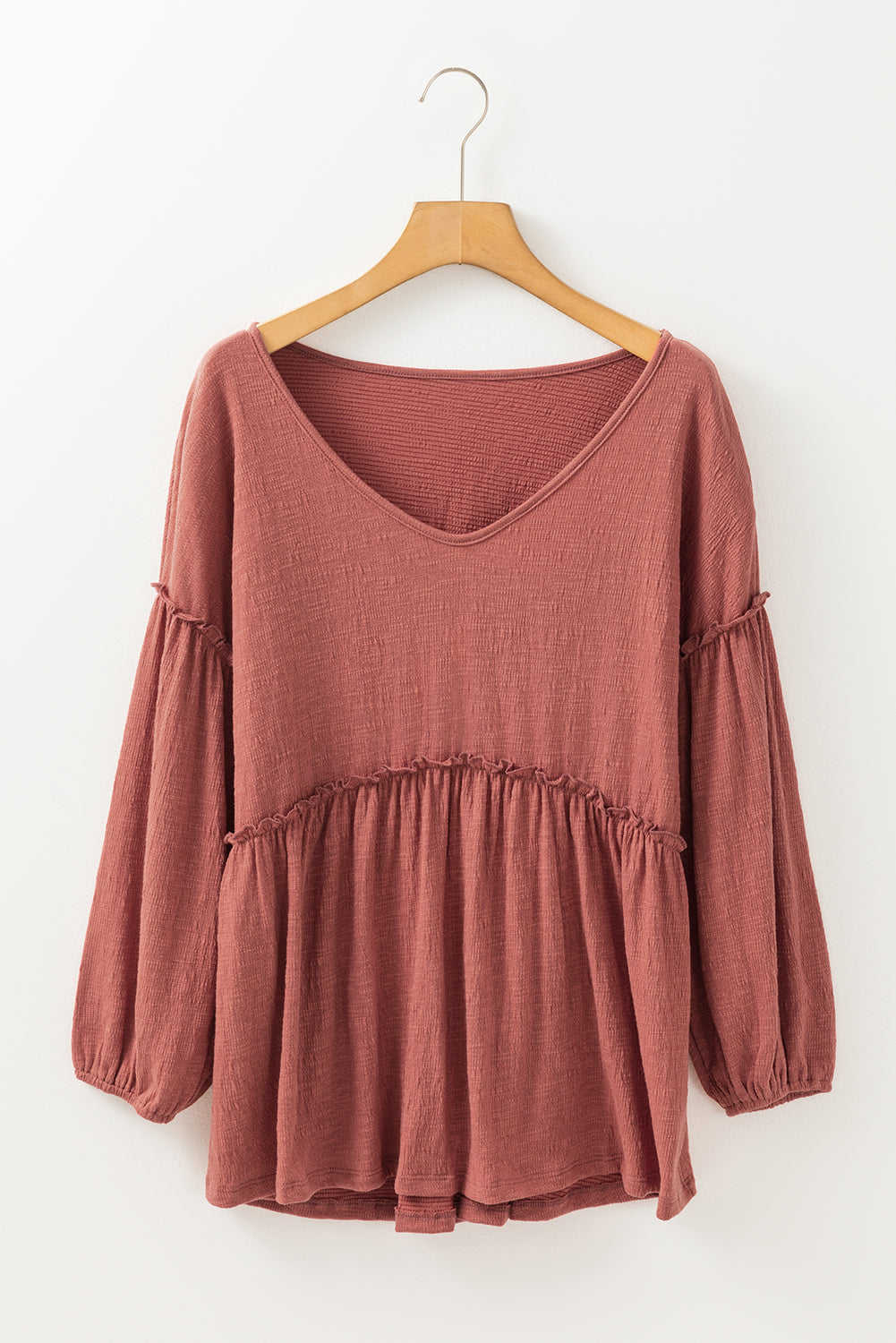 Solid Color Textured Frilled Trim V Neck Puff Sleeve Blouse