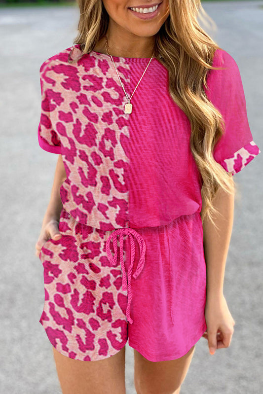 Half Leopard Print Drawstring Knit Romper