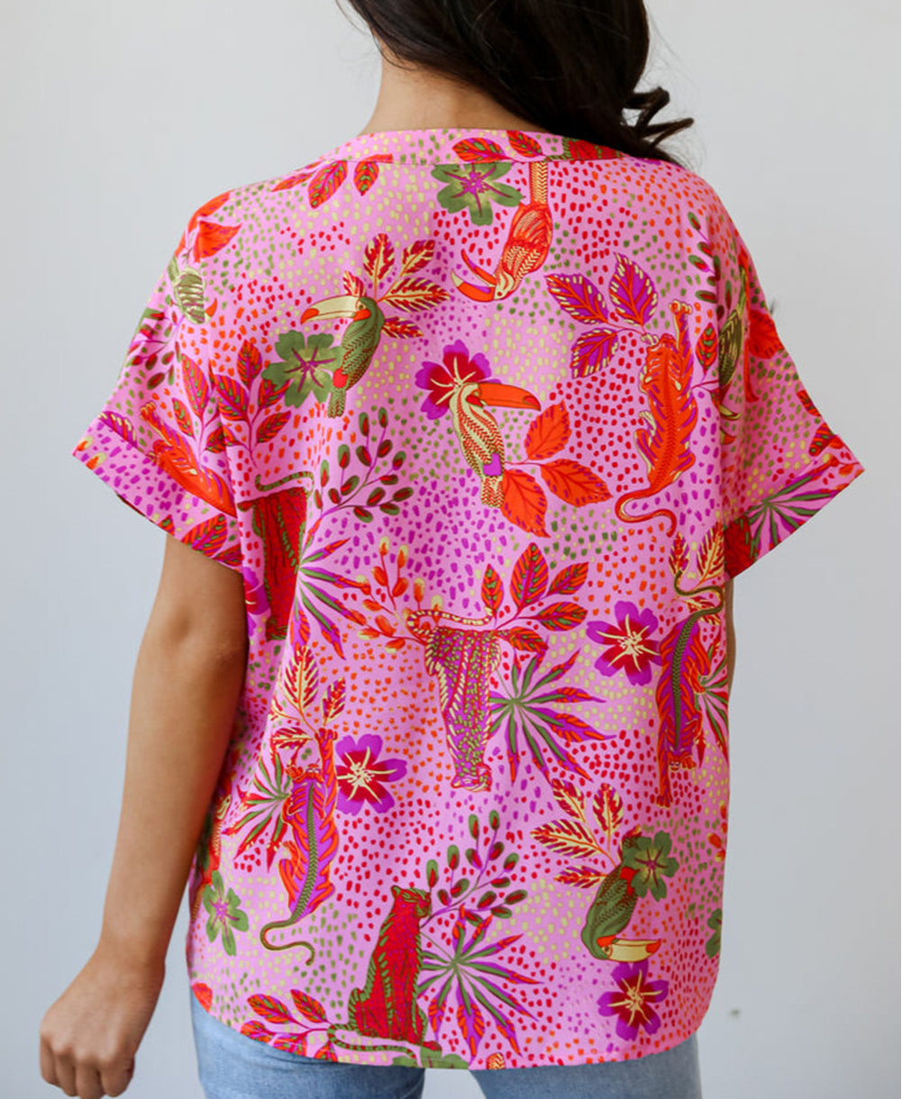 Jungle Floral Print Notch V Neck Blouse