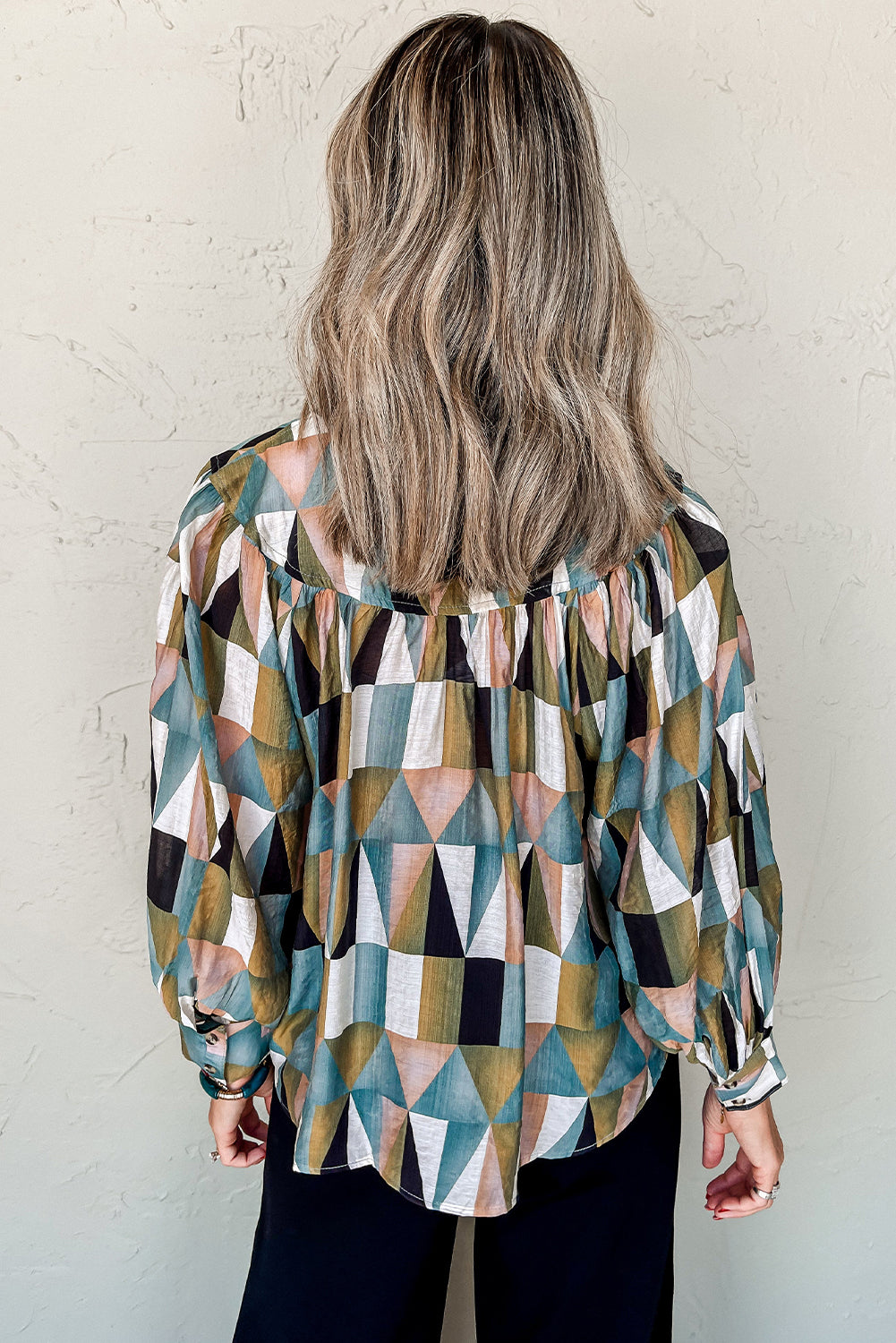 Geometric Print Buttoned Balloon Sleeve Loose Fit Shirt