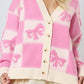 Bowknot Checkered Pattern V Neck Drop Shoulder Button Up Cardigan