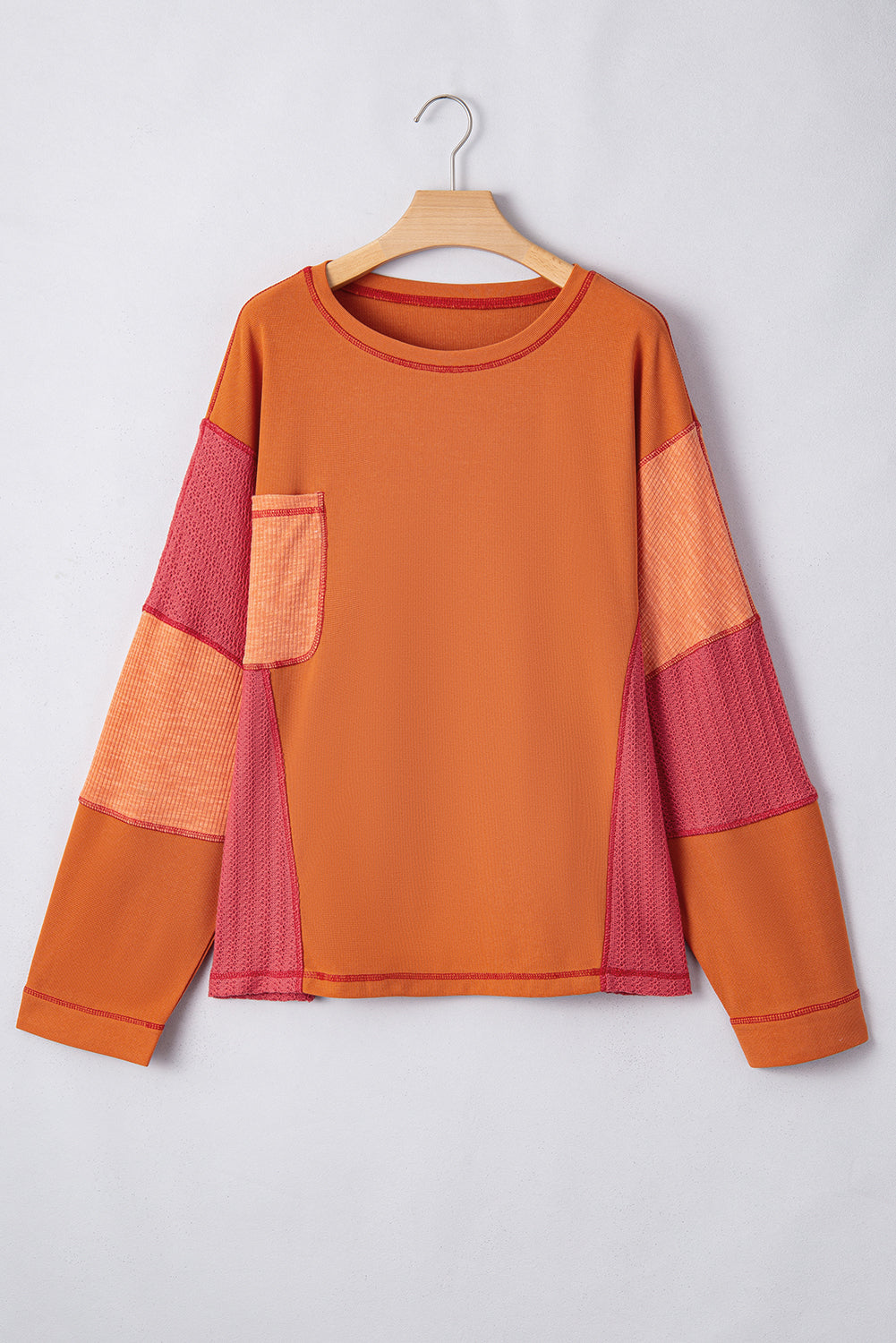 Textured Knit Color Block Patchwork Chest Pocket Plus Size Top