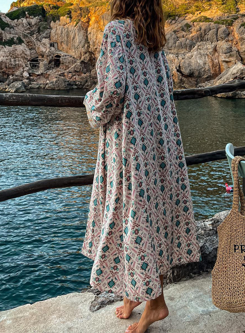 Embroidered Detail Western Geo Print Long Kimono