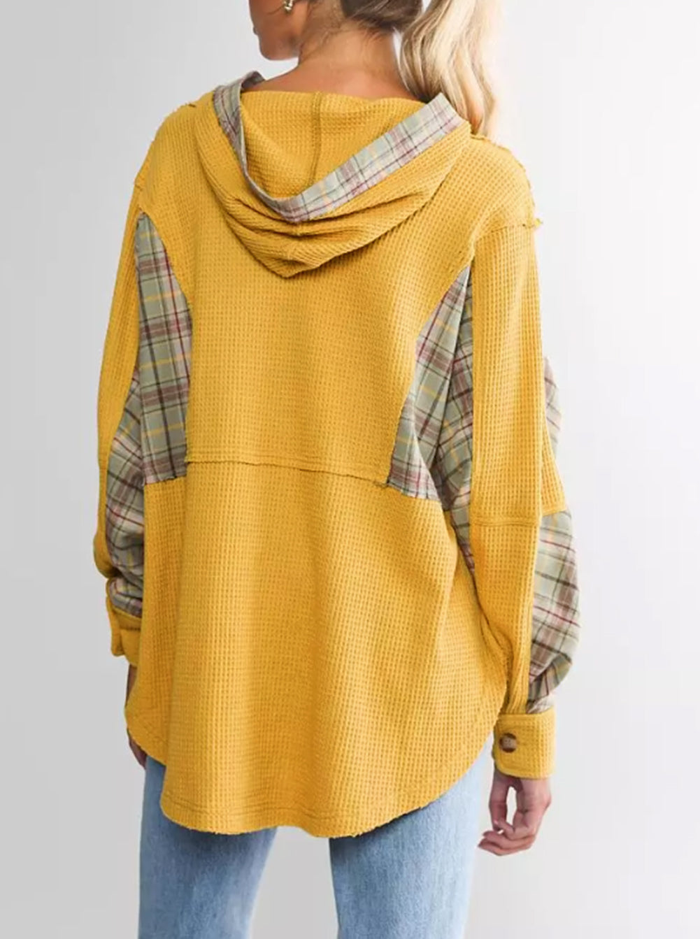 Waffle Knit Plaid Patchwork Pocketed Henley Hoodie