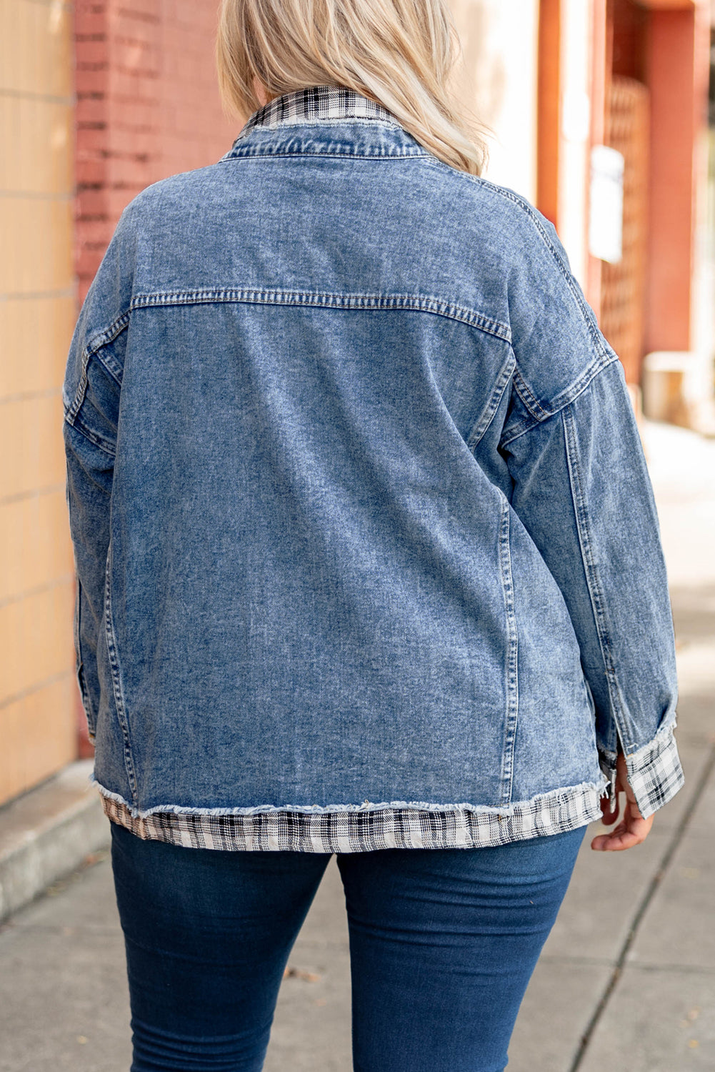 Plaid Hem Splicing Plus Size Denim Jacket