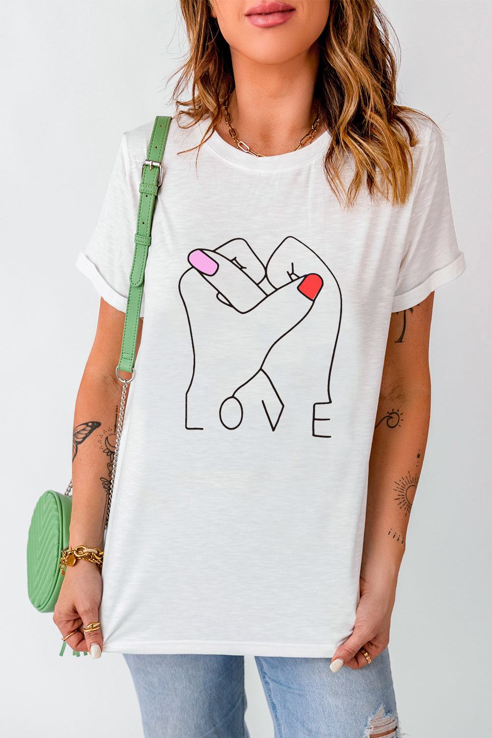 Valentine LOVE Gesture Print Crew Neck T Shirt