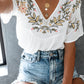 Floral Embroidered V Neck Crinkle Babydoll Blouse