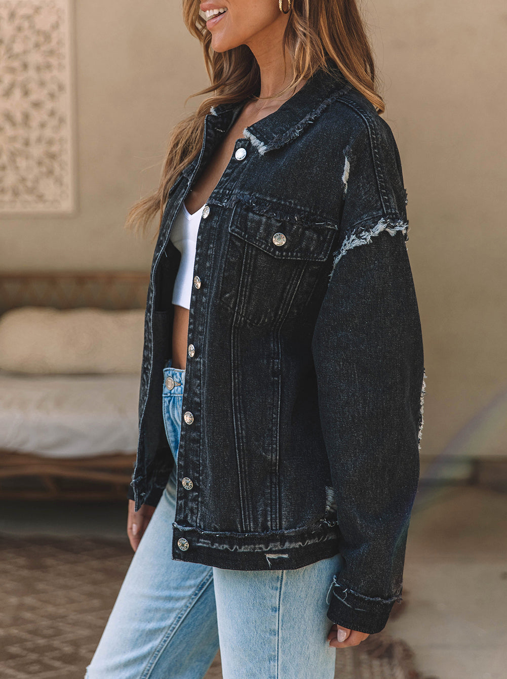 Flap Pocket Distressed Button-Up Denim Jacket