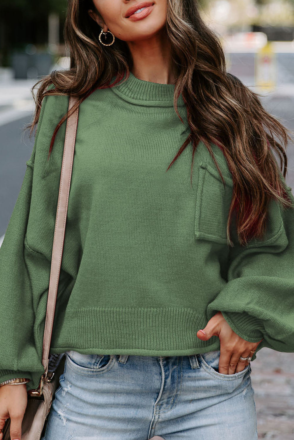 Raw Edge Patch Pocket Exposed Seam Loose Sweater