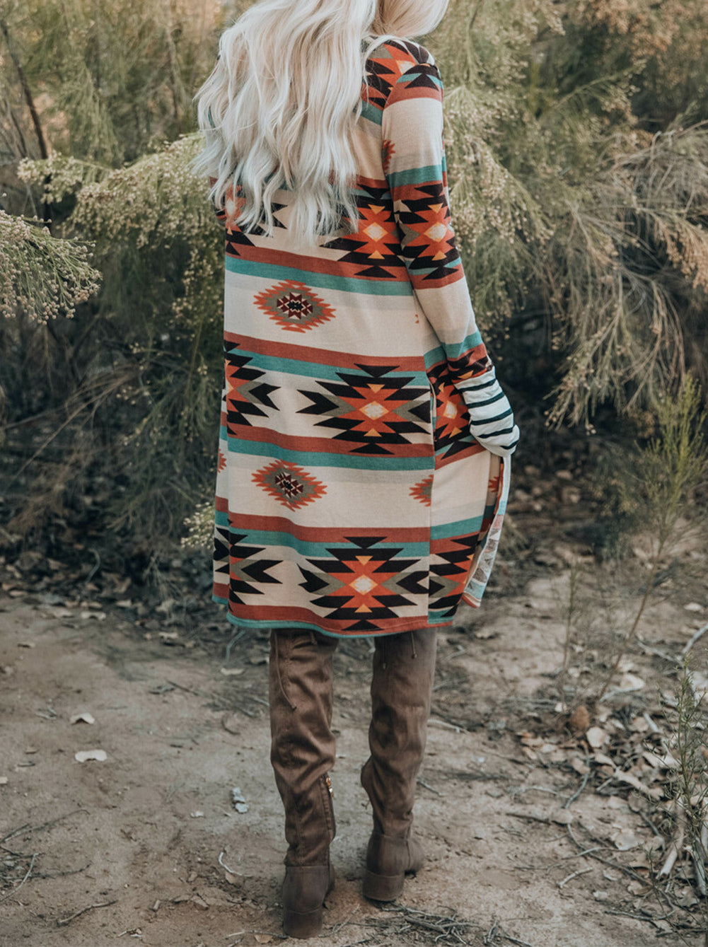 Geometric Color Block Open Front Long Cardigan