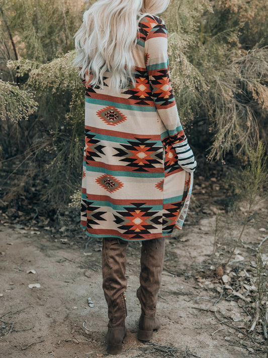 Plus Size Geometric Print Open Front Long Cardigan