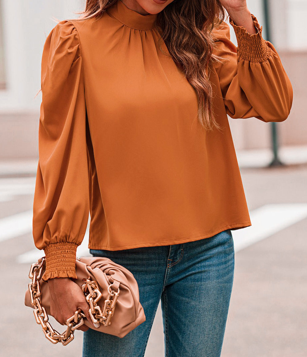 Long Bubble Sleeve Mock Neck Chiffon Blouse