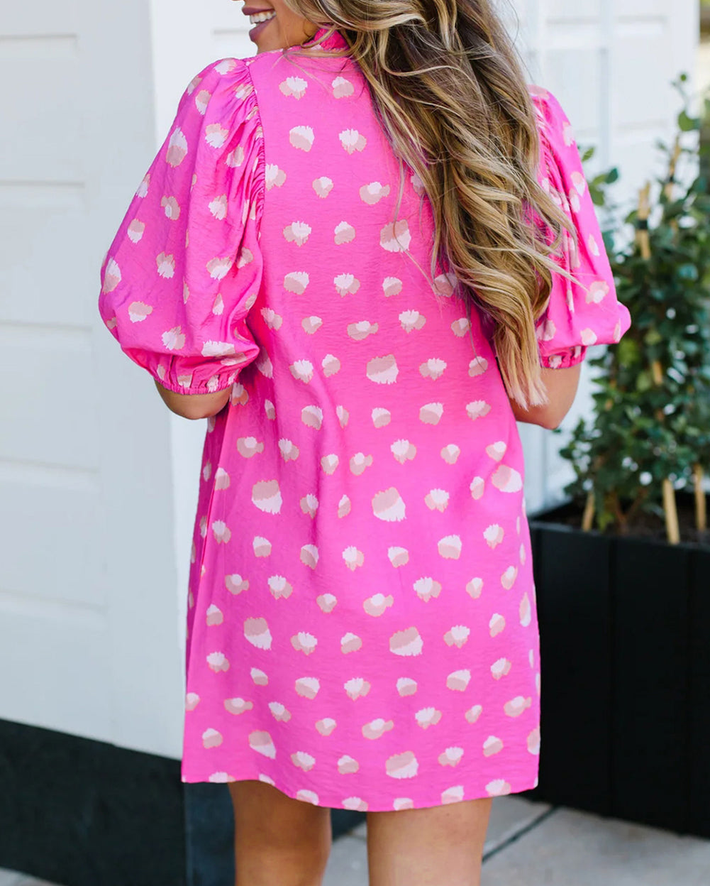 Printed Shirred Yoke Half Puff Sleeve Dress
