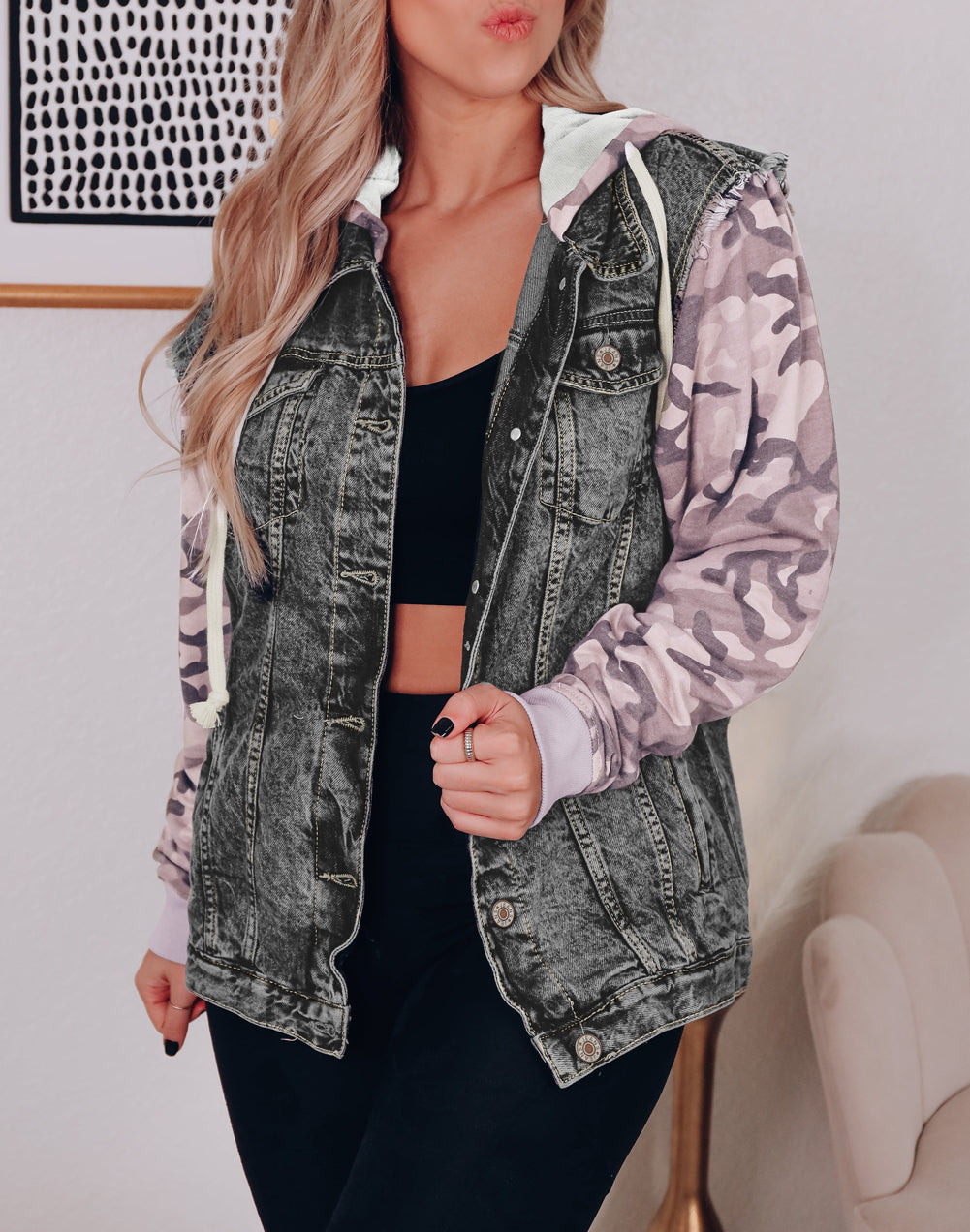 Camo Sleeve Hooded Buttoned Denim Jacket