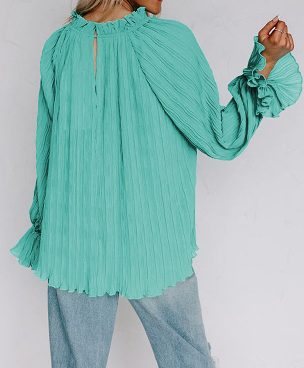 Striking Pleated Flared Cuff Long Sleeve Blouse