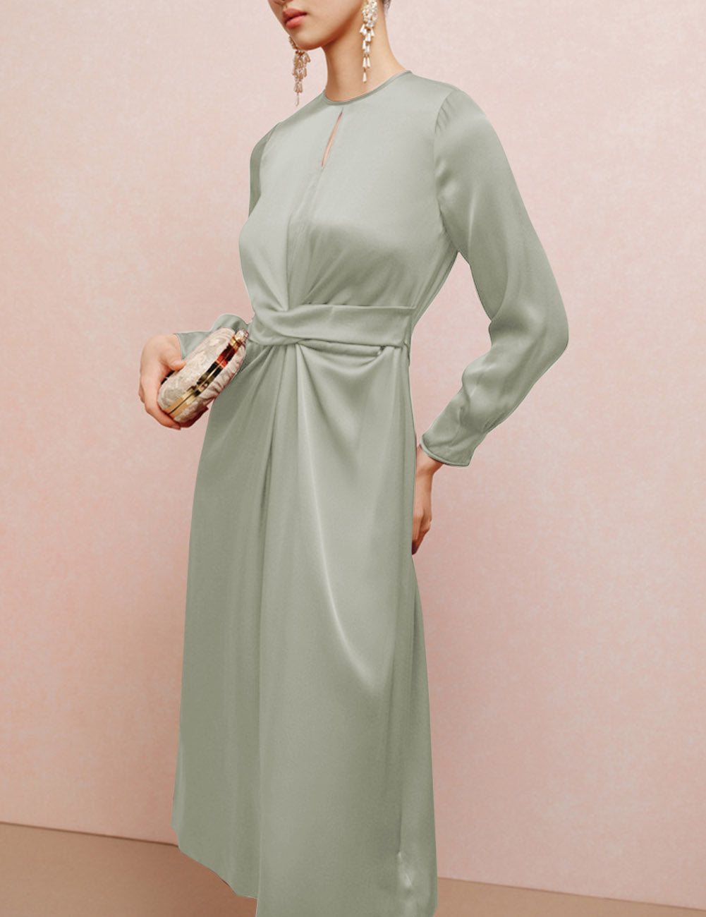Twist Front Tie Back Long Sleeve Satin Dress