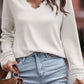 Ribbed Texture Lace Trim V Neck Long Sleeve Top