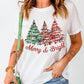 Merry and Bright Christmas Tree Print Crew Neck T Shirt