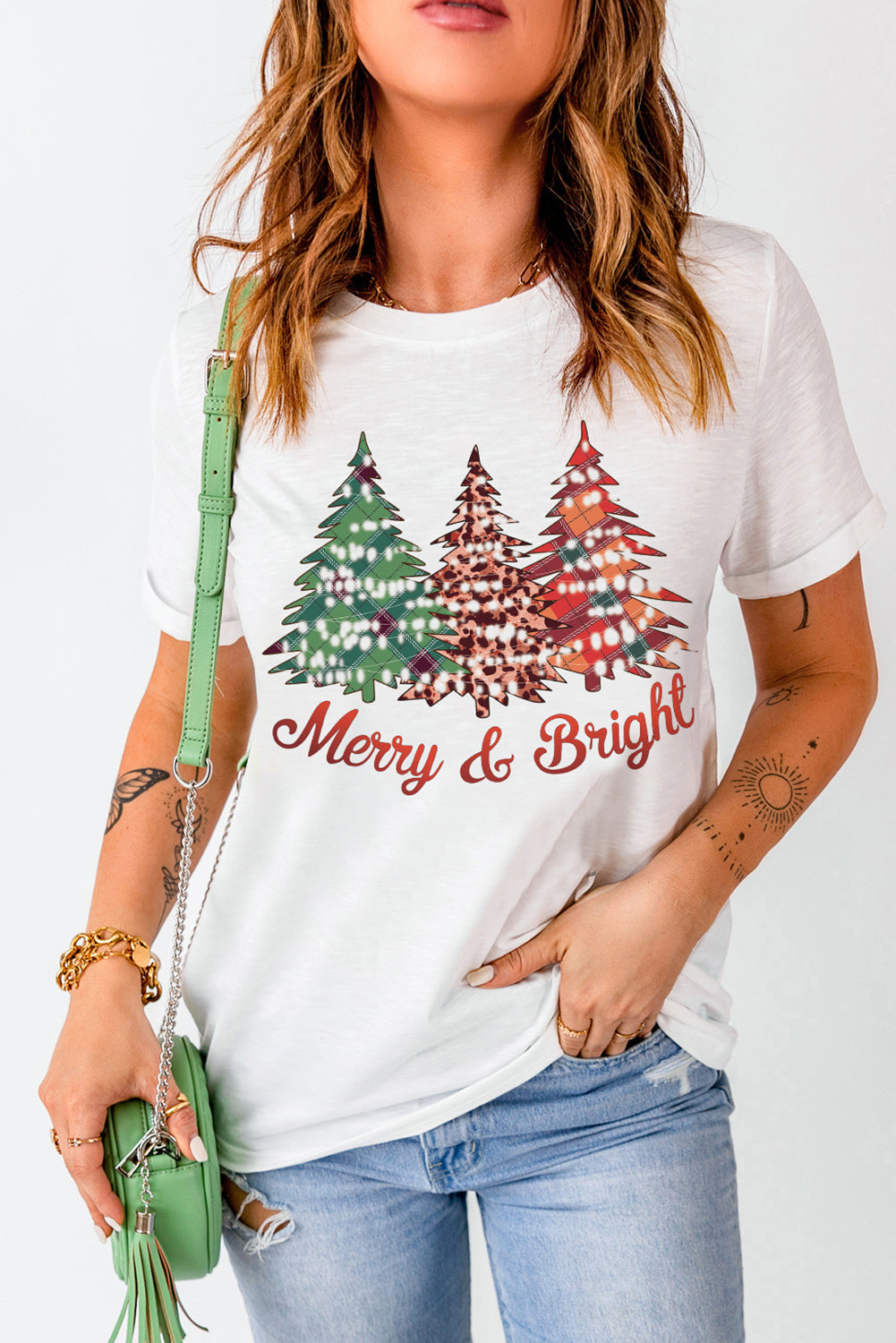 Merry and Bright Christmas Tree Print Crew Neck T Shirt