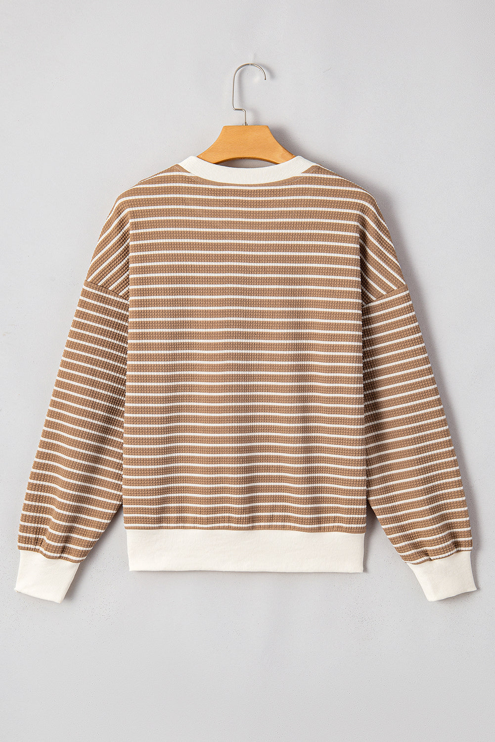 Stripe Patched Edge Textured Round Neck Long Sleeve Top