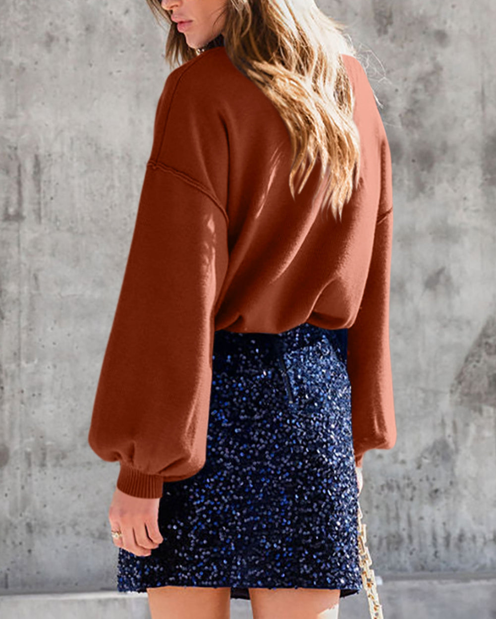 Turtleneck Drop Shoulder Bubble Sleeve Knit Sweater