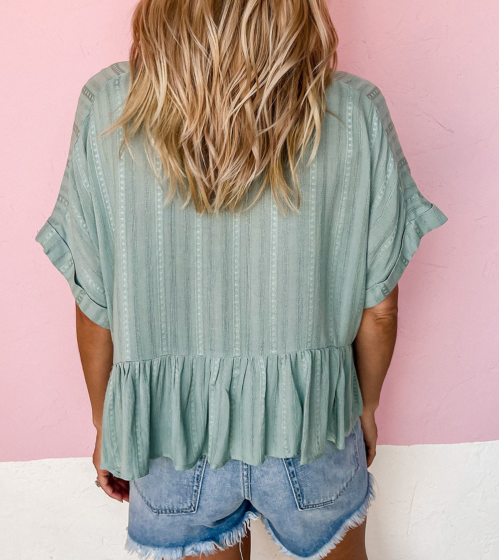 Textured Ruffled Hem Short Sleeve Blouse