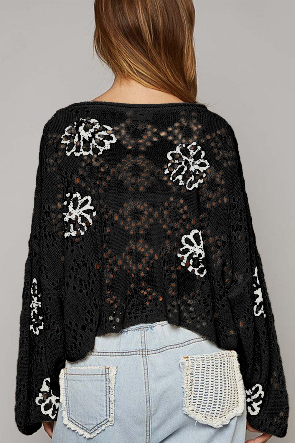 Flower Print Eyelet Drop Shoulder Sweater