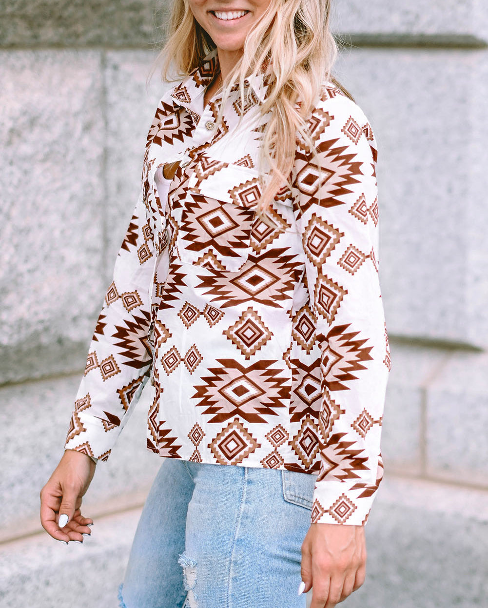 Western Aztec Pattern Button Flap Pocket Shirt