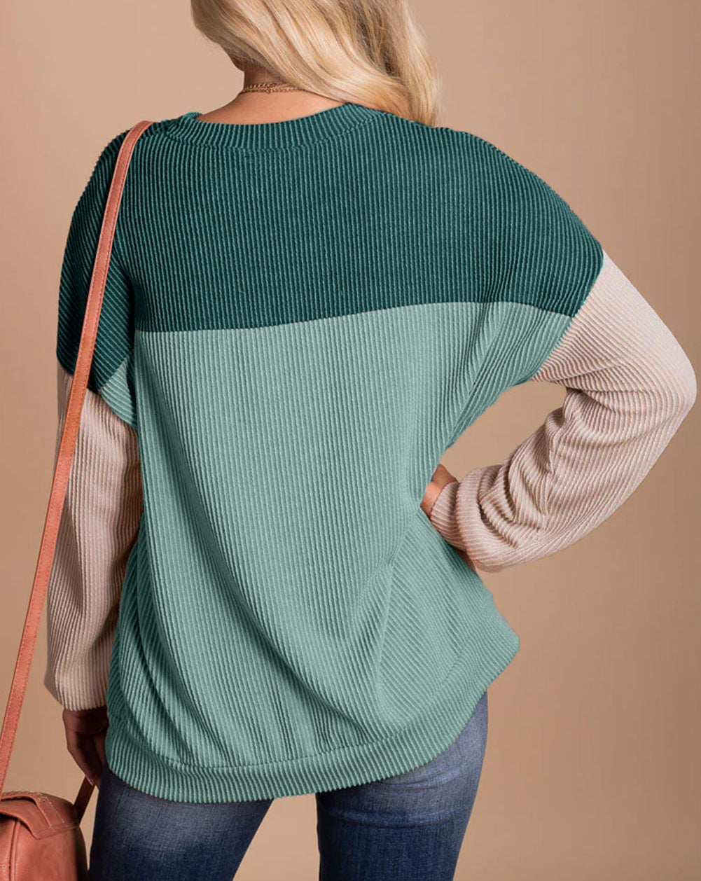 Color Block Long Sleeve Ribbed Loose Top