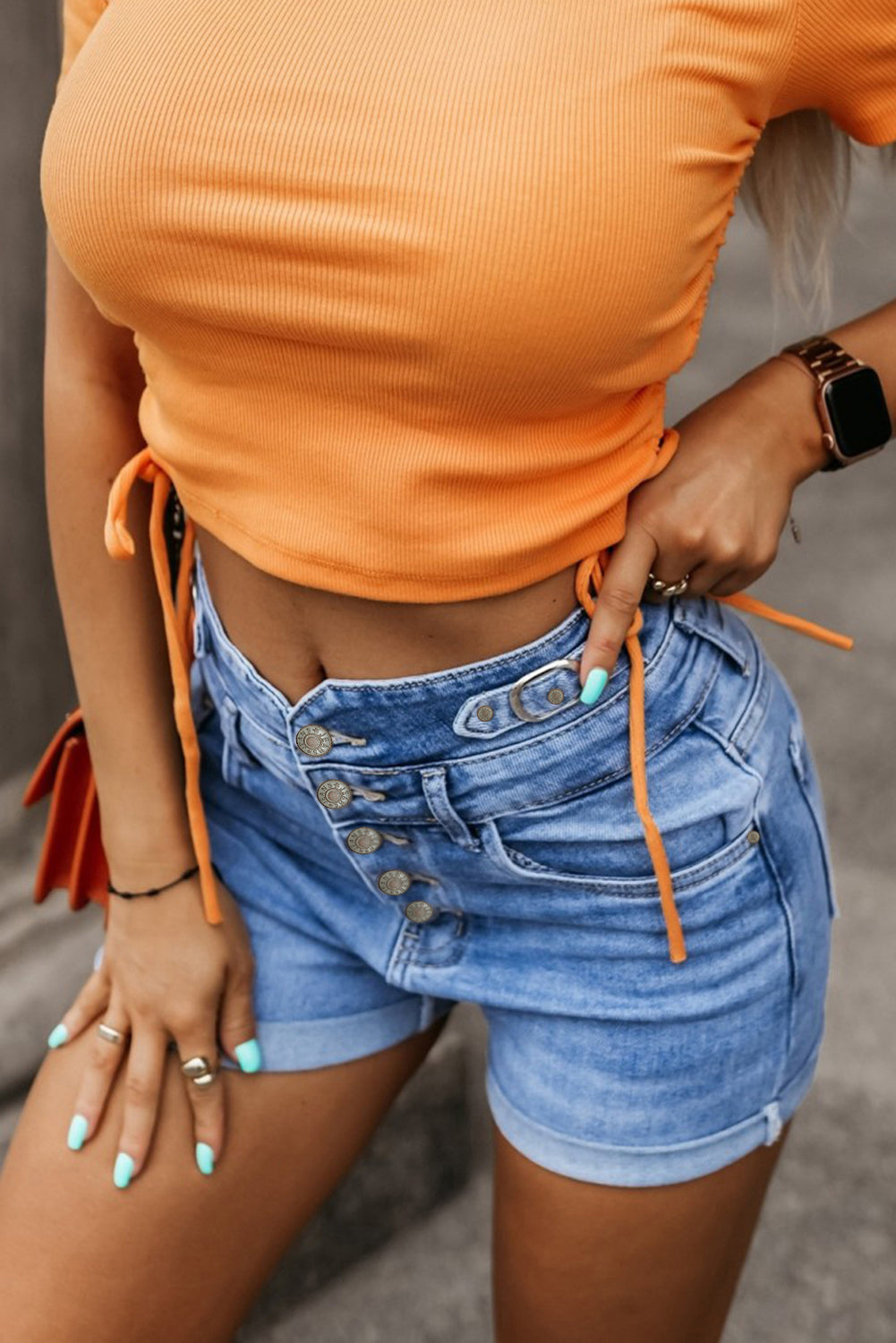 Button Fly High Waist Roll Edge Denim Shorts