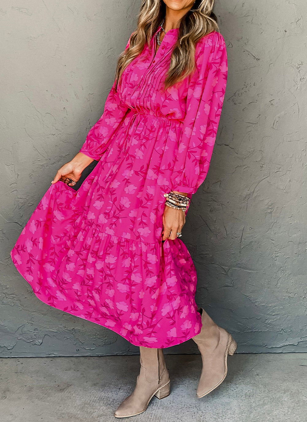 Floral Print Pleated Drawstring High Waist Midi Dress