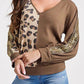 Leopard Splicing Waffle Knit V Neck Top