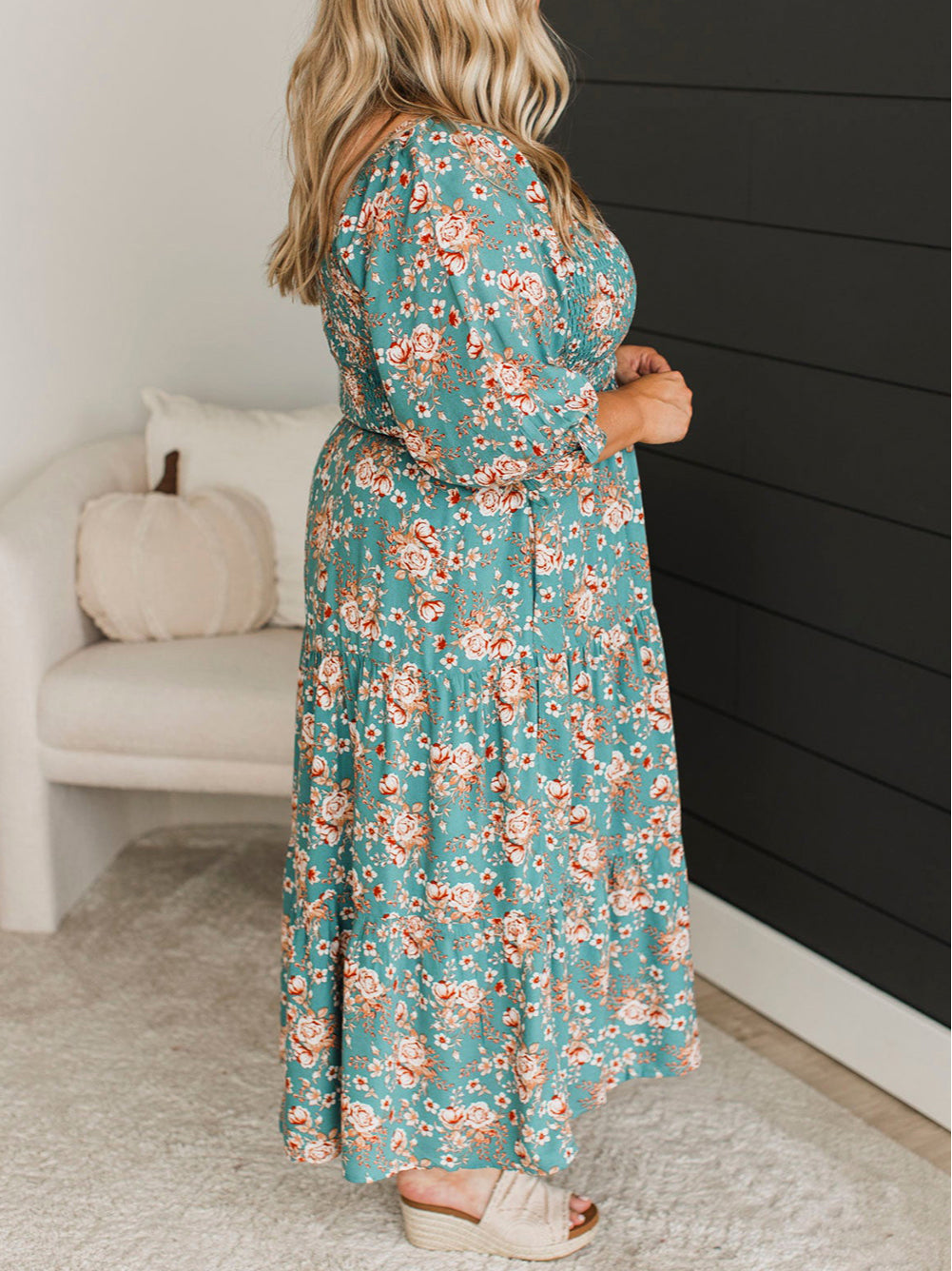 Plus Size Floral Print Square Neck Smocked Maxi Dress