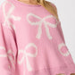 Pearl Beaded Bowknot Pattern Distressed Split Hem Sweater