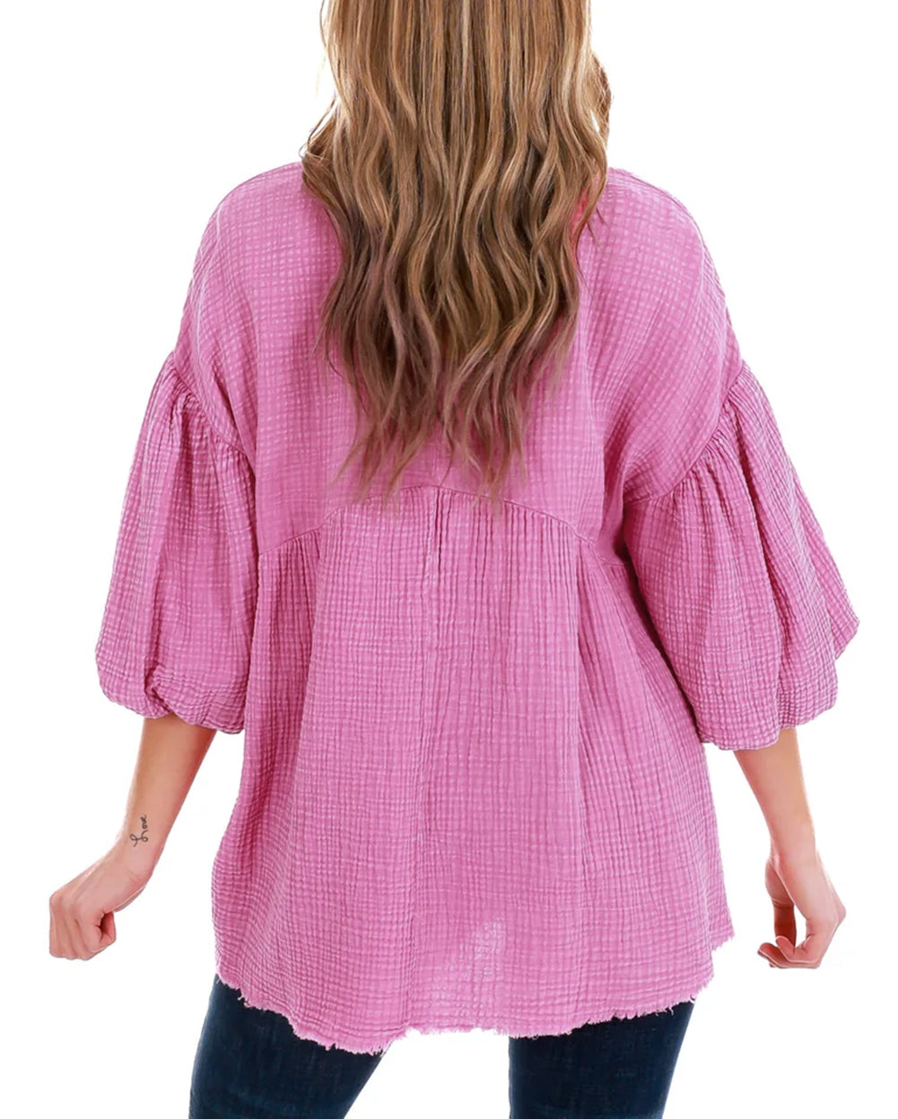 Crinkle Bubble Sleeve Raw Hem Babydoll Blouse