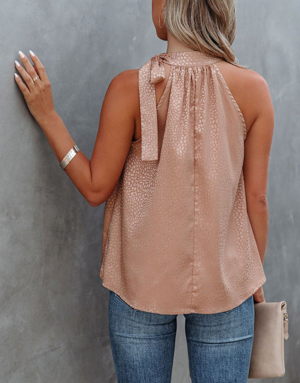 Sleeveless Tie Mock Neck Leopard Tank Top