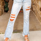 Light Wash Distressed Straight Leg Slim Fit Jeans