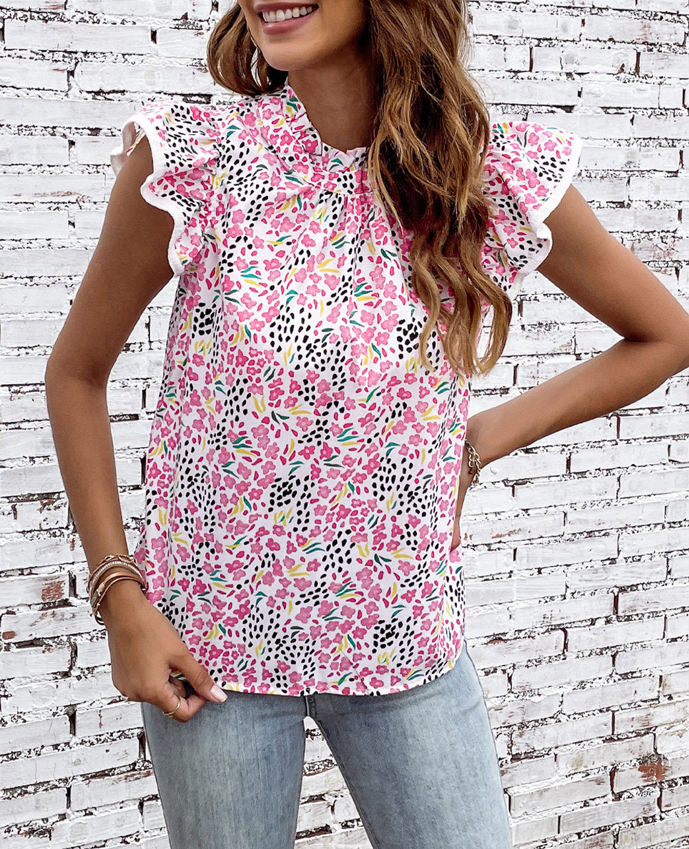 Abstract Print High Neck Flutter Sleeves Top