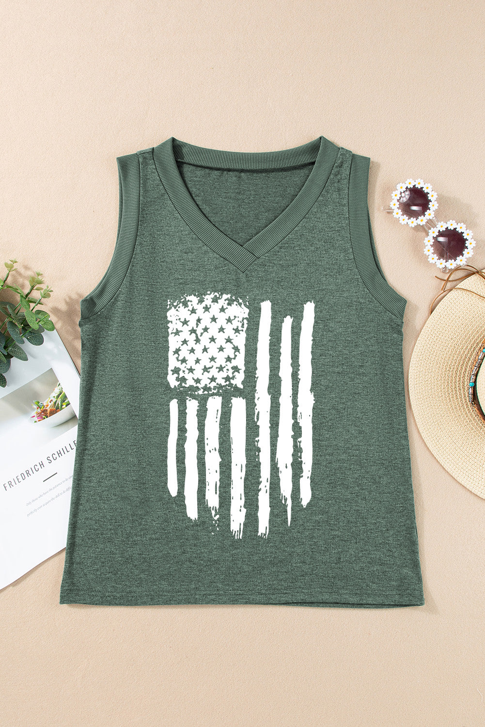 Frayed American Flag Printed V Neck Tank Top
