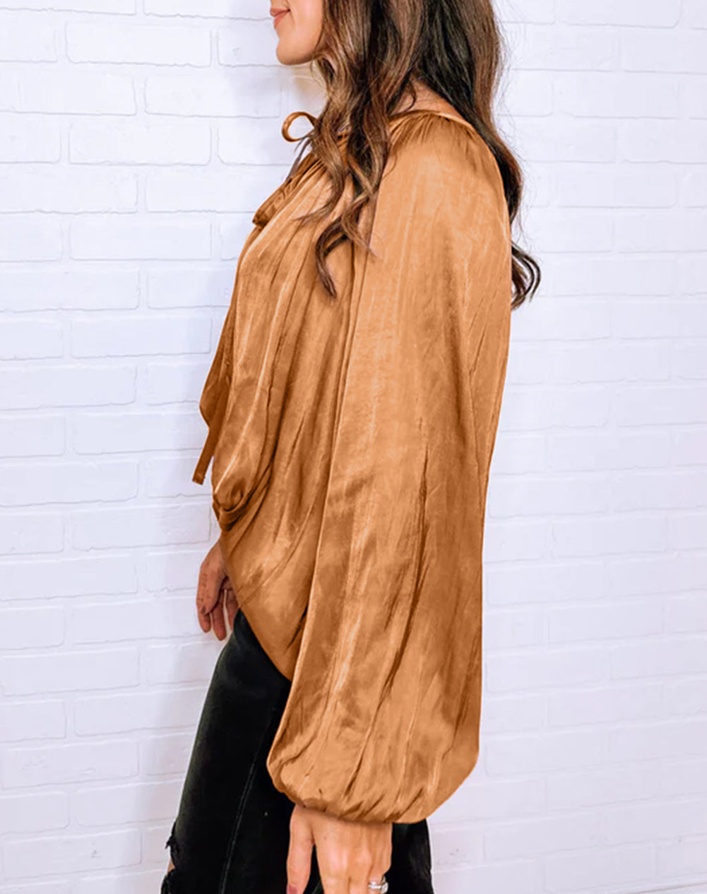 Satin Pleated Tied V Neck Puff Sleeve Blouse