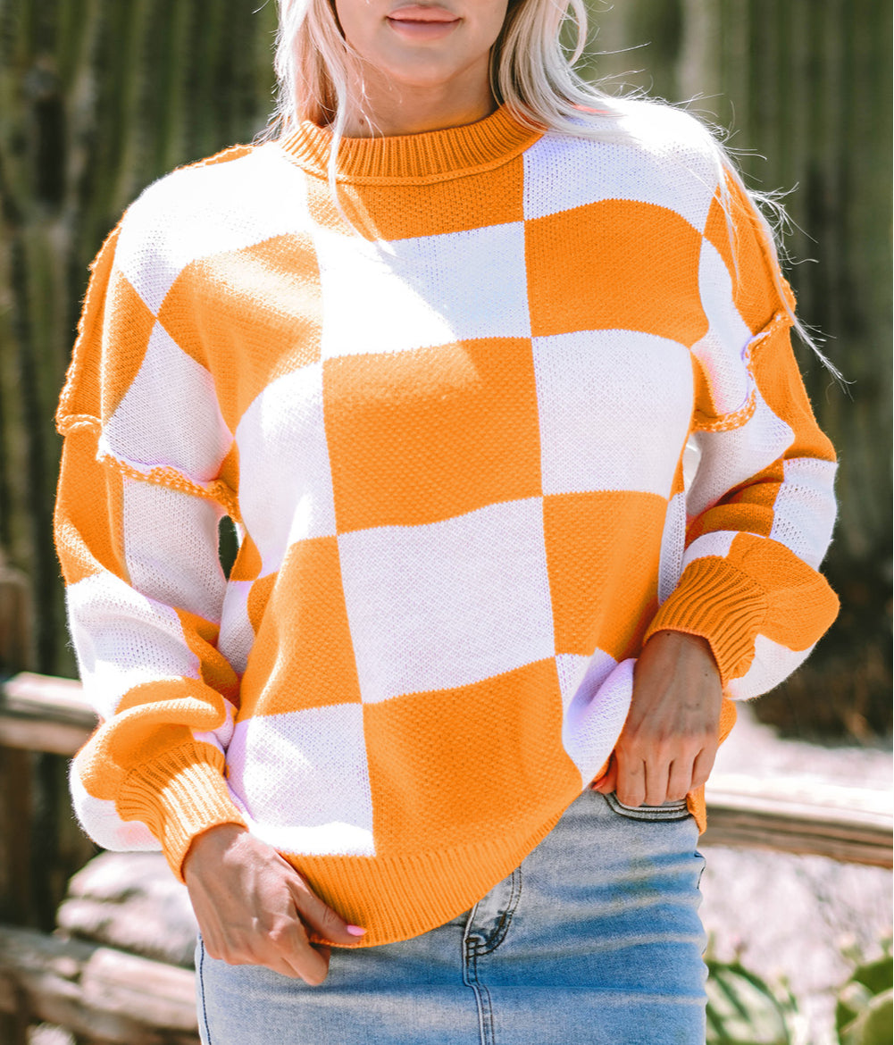 Stripe Checkered Bishop Sleeve Sweater