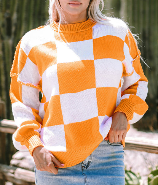 Stripe Checkered Bishop Sleeve Sweater