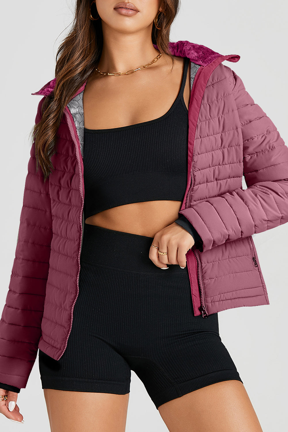 Solid Color Quilted Zip-up Puffer Jacket