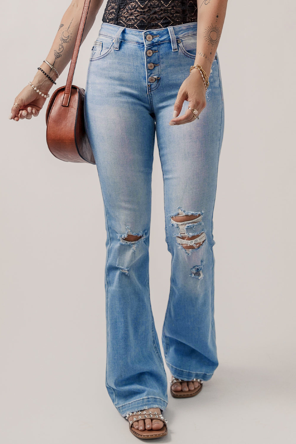 High Waist Button Front Ripped Flare Jeans