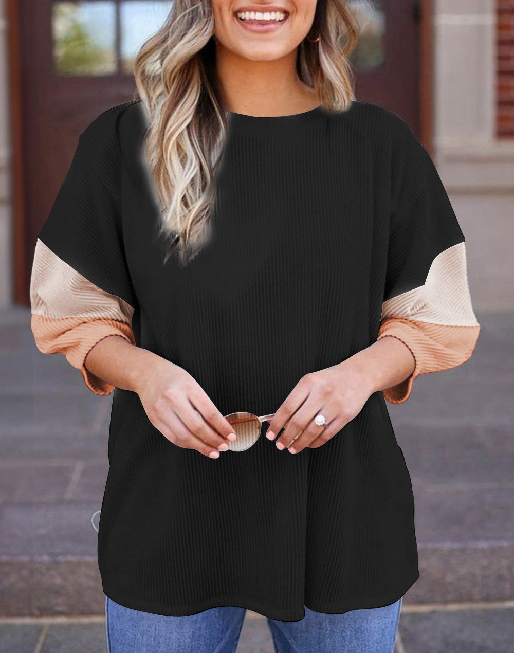 Color Block Ribbed Knit Quarter Sleeve Top
