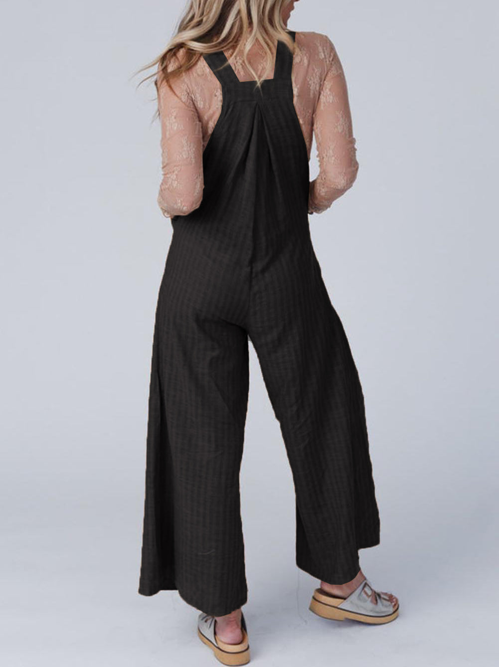 Striped Pleated Wide Leg Pocketed Jumpsuit