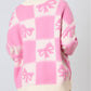 Bowknot Checkered Pattern V Neck Drop Shoulder Button Up Cardigan