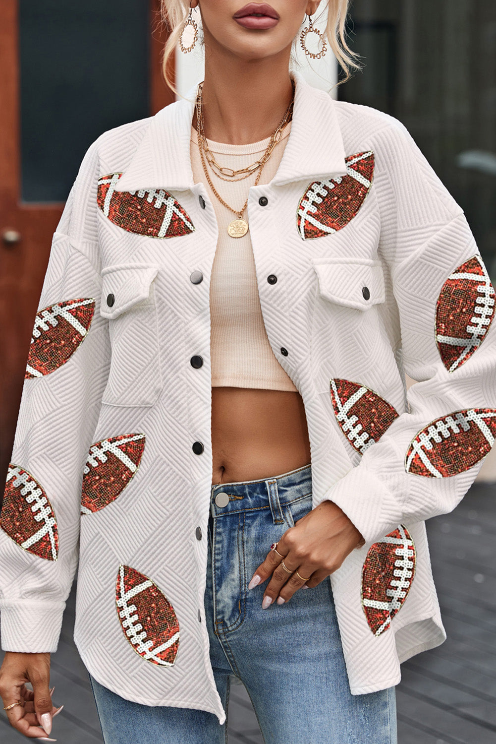 Bubble Gum Texture Sequined Football Shacket