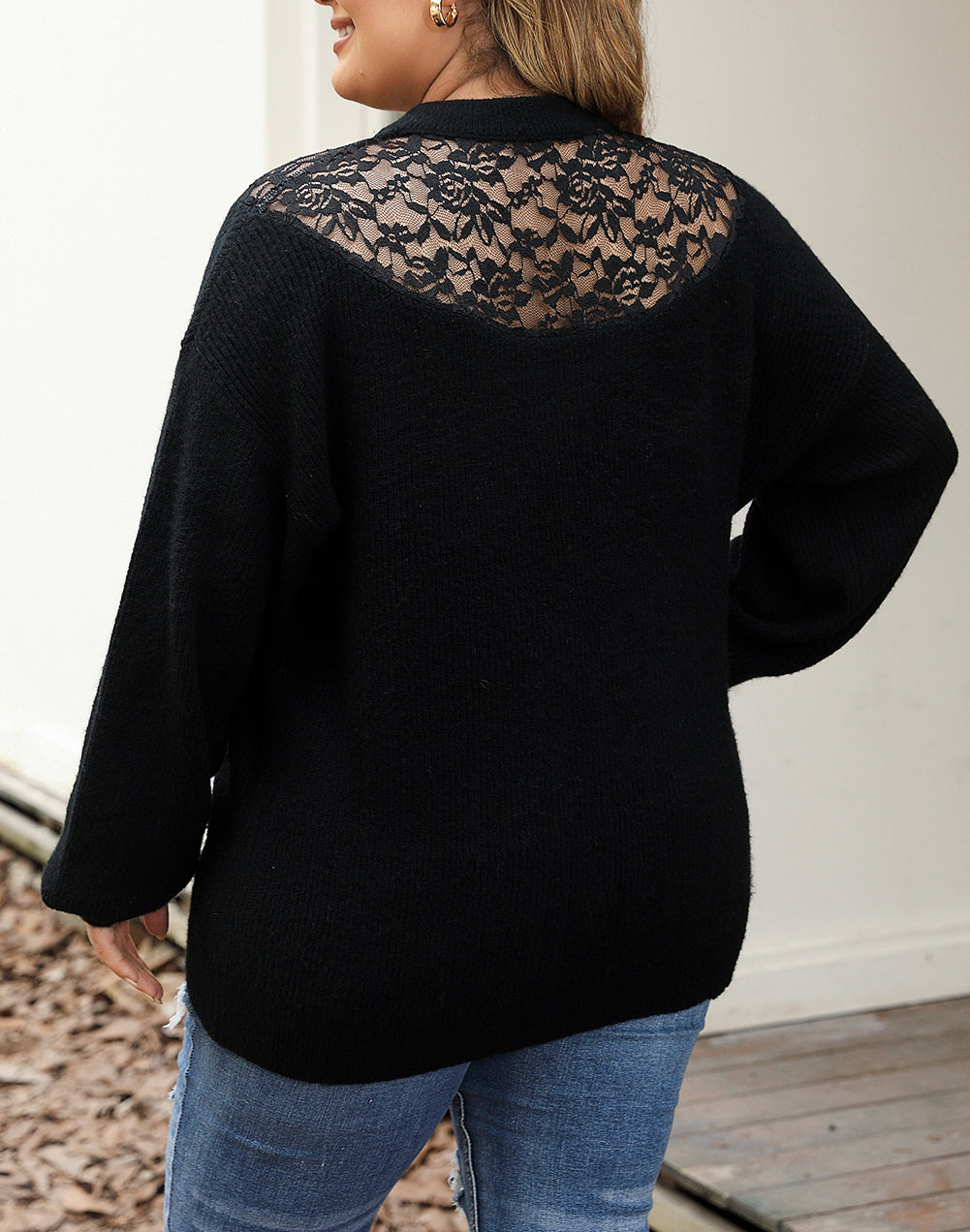 Plus Size Ribbed Knit Lace Splicing High Neck Sweater