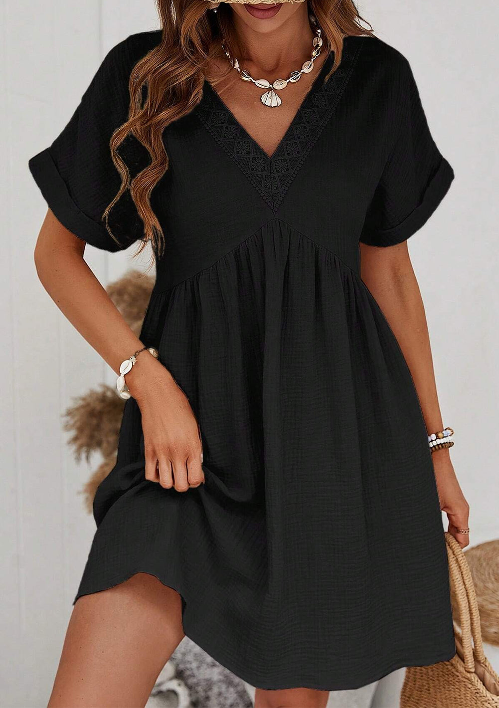 Folded Short Sleeve Lace V Neck Mini Dress